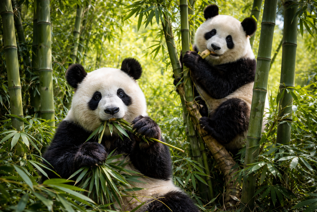 Two giant pandas eating bamboo in a lush bamboo forest.