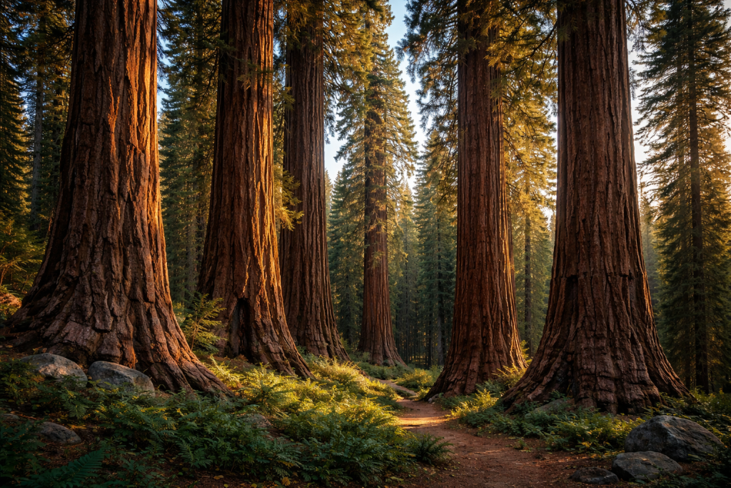 A dirt path winds through towering sunlit giant sequoia trees in a dense forest.
