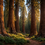 A dirt path winds through towering sunlit giant sequoia trees in a dense forest.