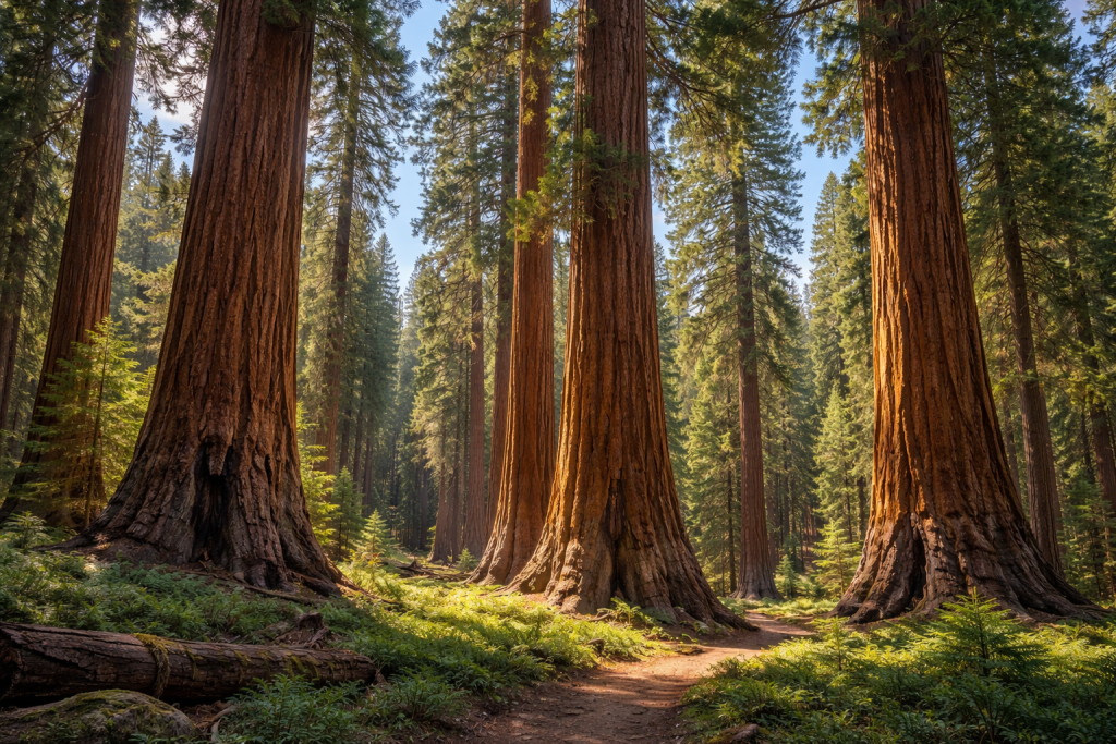 Path winding through towering giant sequoia trees in a sunlit forest grove.