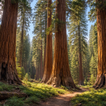 Path winding through towering giant sequoia trees in a sunlit forest grove.