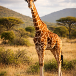 Giraffe standing on dry grassland with acacia trees and hills in the background.