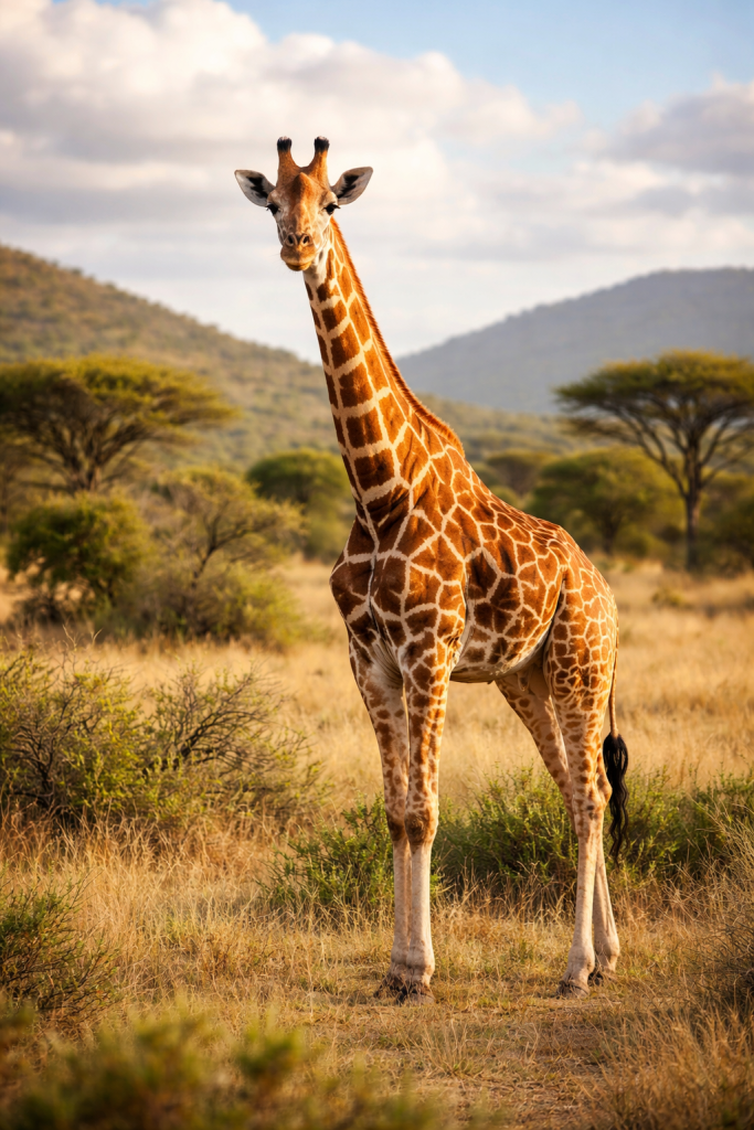 Giraffe standing on dry grassland with acacia trees and hills in the background.