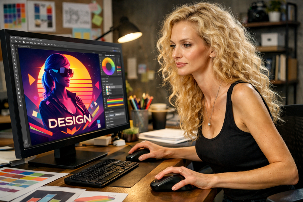 Blonde woman editing a vibrant digital artwork on a computer in an office