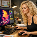 Blonde woman editing a vibrant digital artwork on a computer in an office