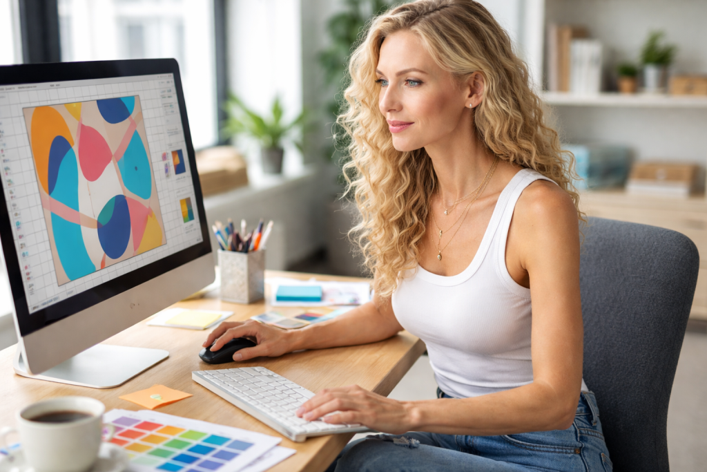 Woman using computer to create colorful digital artwork in bright modern office