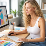 Woman using computer to create colorful digital artwork in bright modern office