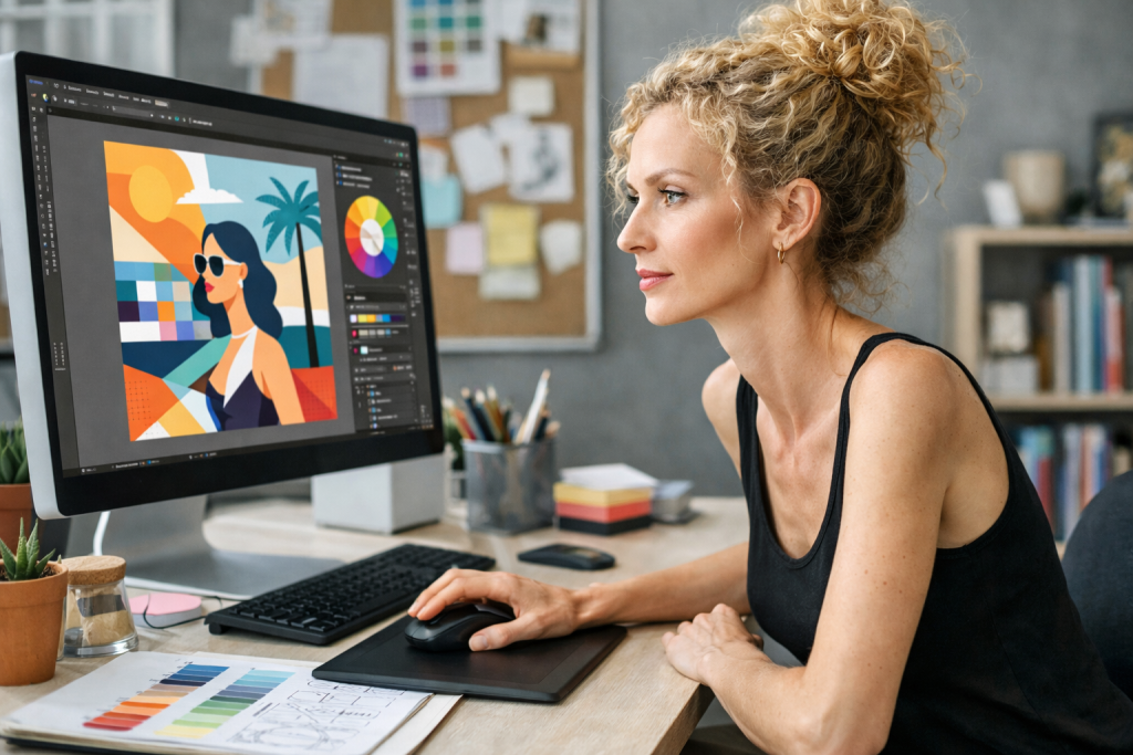 Woman using a computer to create colorful digital artwork at a desk