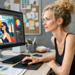 Woman using a computer to create colorful digital artwork at a desk