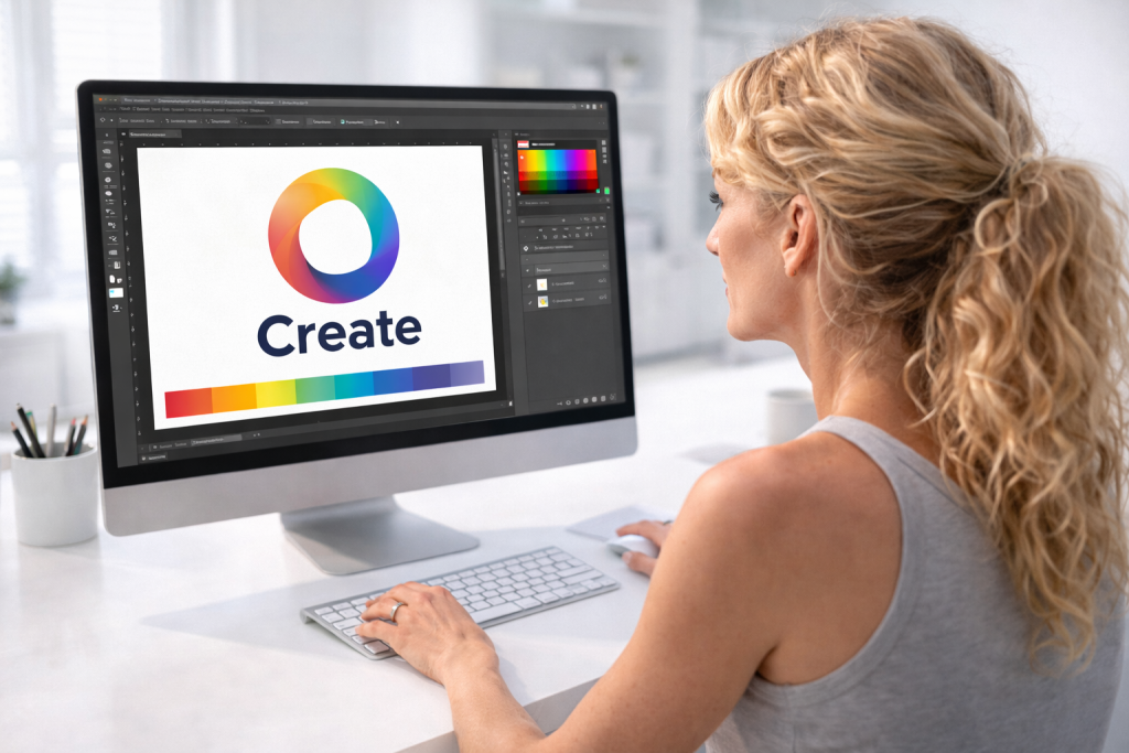 Woman working on colorful logo design on a desktop computer screen