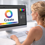 Woman working on colorful logo design on a desktop computer screen