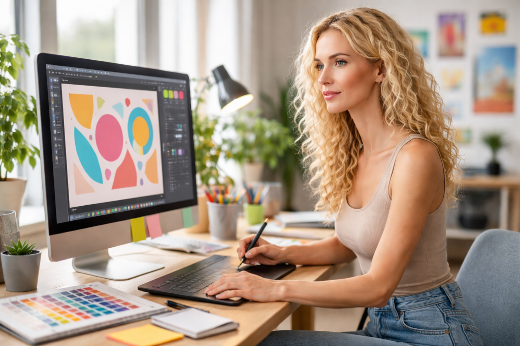 Woman using a digital pen tablet to create colorful graphic designs on a computer