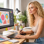 Woman using a digital pen tablet to create colorful graphic designs on a computer