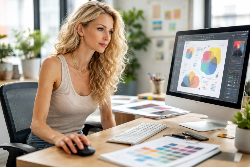 A woman working on graphic design with colorful charts on her computer screen and desk.