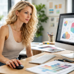 A woman working on graphic design with colorful charts on her computer screen and desk.