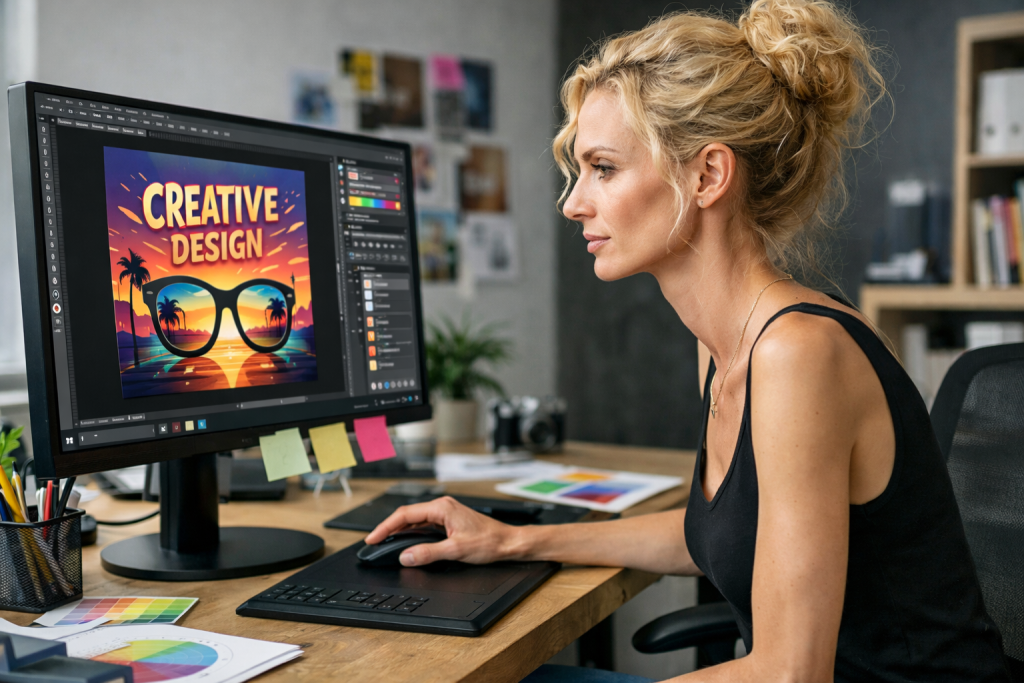 Woman using graphic design software on desktop computer featuring a colorful creative design