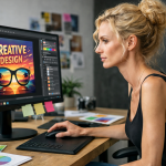 Woman using graphic design software on desktop computer featuring a colorful creative design