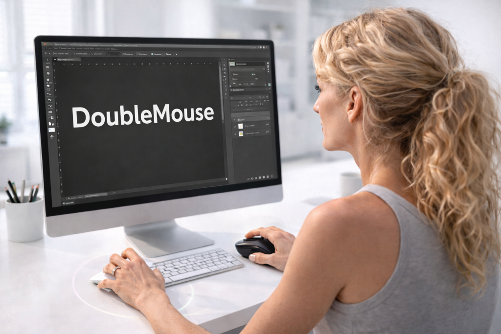 Woman designing 'DoubleMouse' logo on a desktop computer