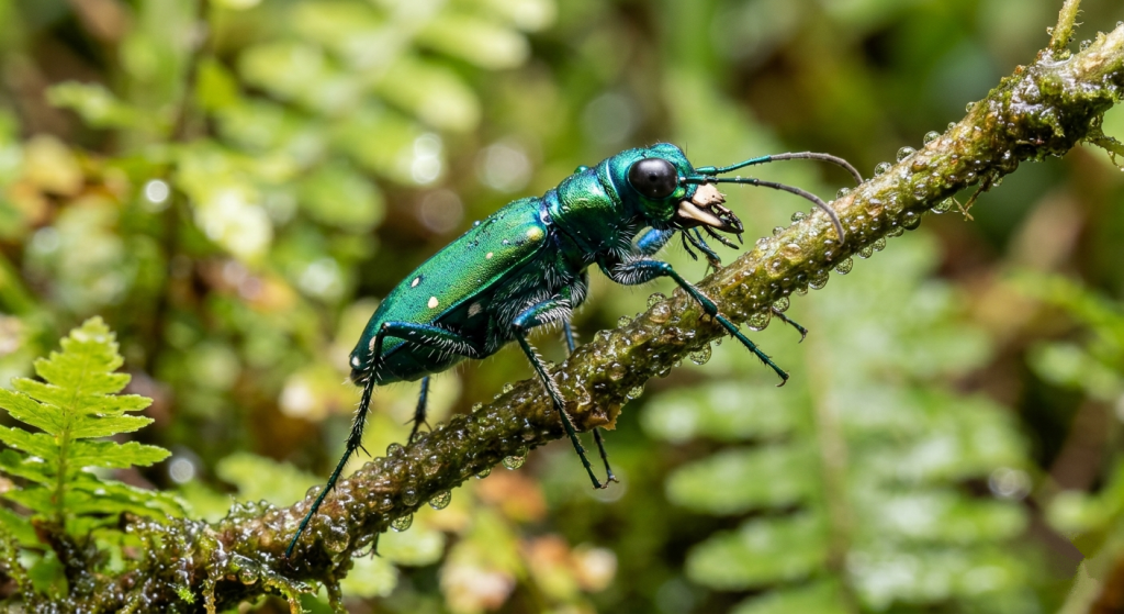 Close-up of a metallic green tiger beetle on a wet branch with water droplets