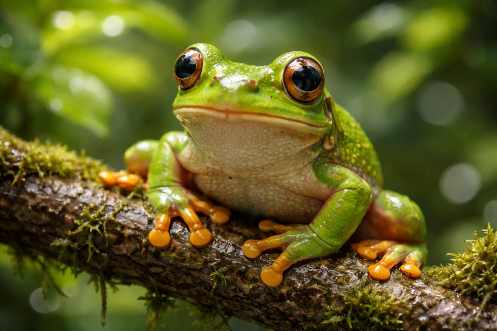 Close-up of a green tree frog with orange toes on a moss-covered branch.