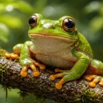 Close-up of a green tree frog with orange toes on a moss-covered branch.