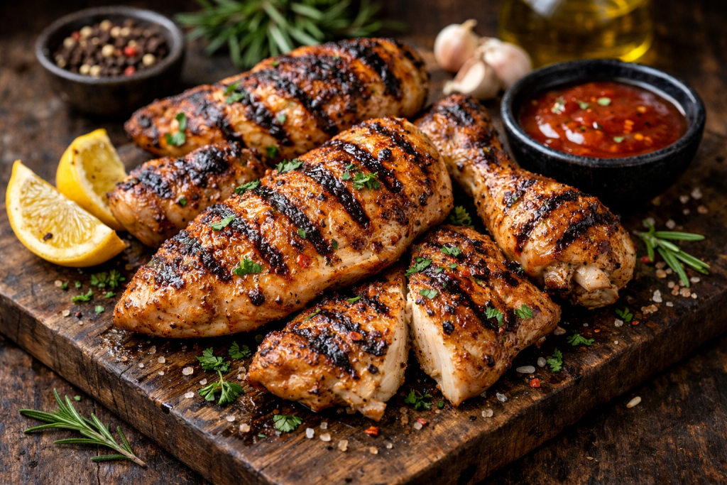 Grilled chicken pieces with herbs and lemon wedges on a wooden board with dipping sauce.