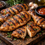 Grilled chicken pieces with herbs and lemon wedges on a wooden board with dipping sauce.