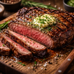 Sliced grilled ribeye steak with herb butter on top, served on wooden board with spices