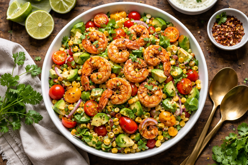 Bowl of grilled shrimp salad with avocado, cherry tomatoes, corn, and cilantro on a wooden table
