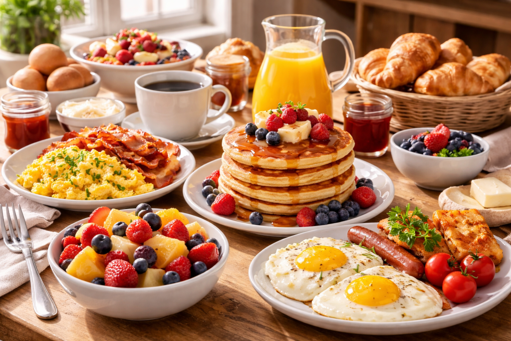 Table filled with pancakes, eggs, bacon, sausages, fruit, croissants, and coffee