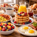 Table filled with pancakes, eggs, bacon, sausages, fruit, croissants, and coffee