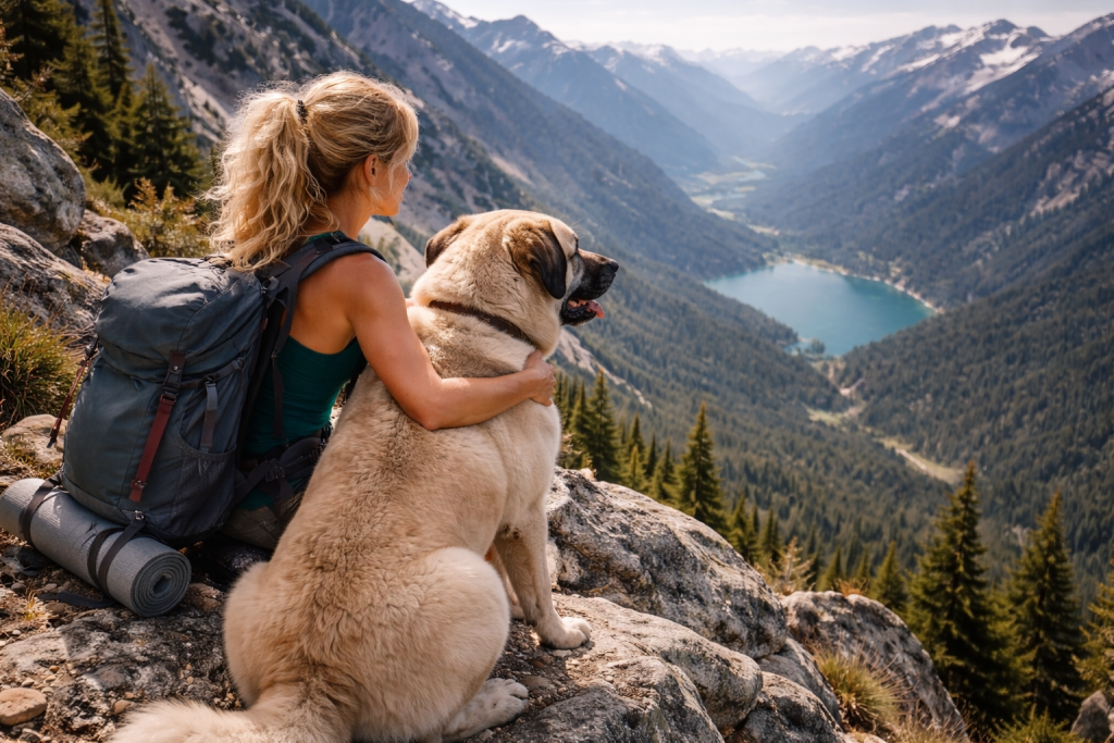Woman with backpack sitting on a rock with her large dog, overlooking a mountain lake valley.