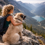 Woman with backpack sitting on a rock with her large dog, overlooking a mountain lake valley.