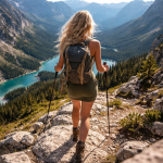 A woman with a backpack hiking down a rocky mountain trail overlooking a blue lake and forest valley.