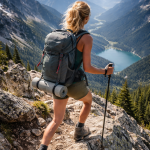 A woman with a backpack hikes on a rocky trail overlooking a valley with a lake and mountains.