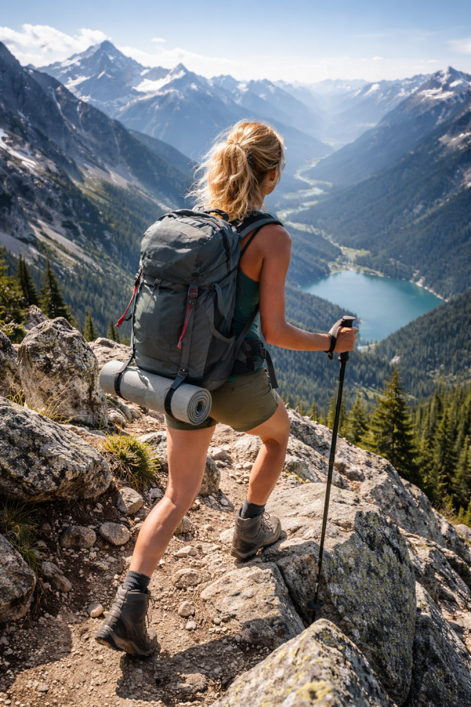 A woman with a backpack hikes on a rocky trail overlooking a valley with a lake and mountains.