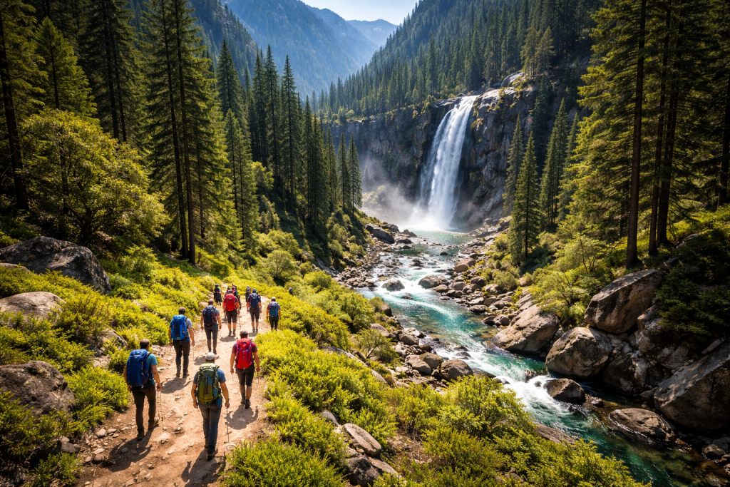 Group of hikers walking on forest trail alongside river flowing from a tall waterfall