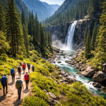 Group of hikers walking on forest trail alongside river flowing from a tall waterfall