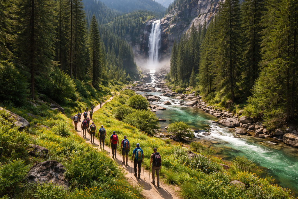 Group of hikers walking on a forest trail beside a clear river towards a tall waterfall.