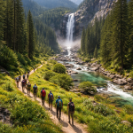 Group of hikers walking on a forest trail beside a clear river towards a tall waterfall.