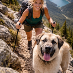 Smiling woman hiking on rocky mountain trail with her large dog