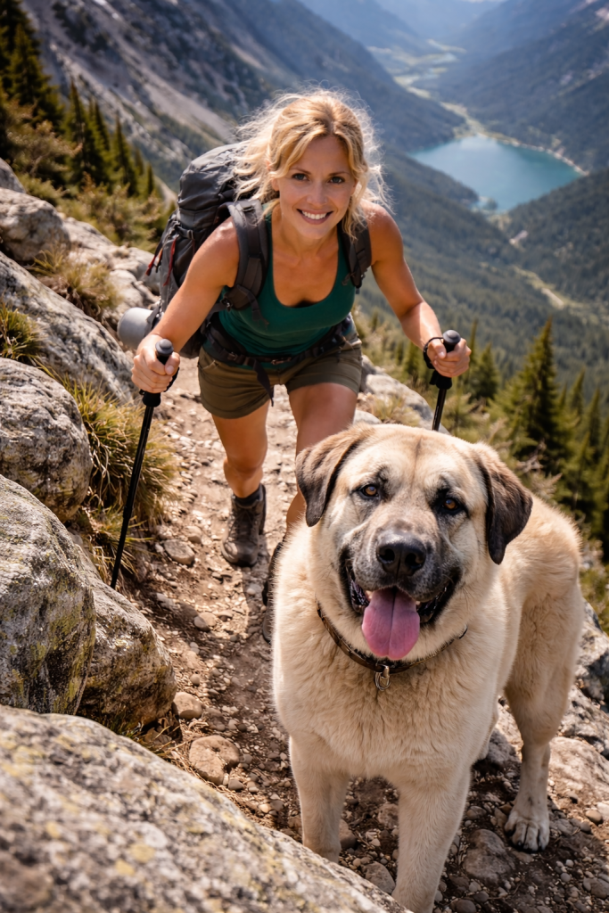Smiling woman hiking on rocky mountain trail with her large dog