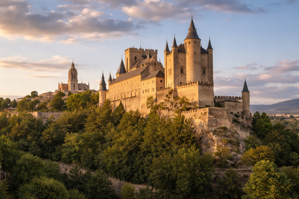 Stone medieval castle with towers atop a forested hill under a partly cloudy sunset sky