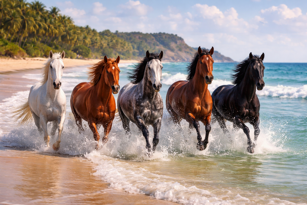 Five horses of different colors running through shallow water on a sandy beach.