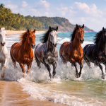 Five horses of different colors running through shallow water on a sandy beach.