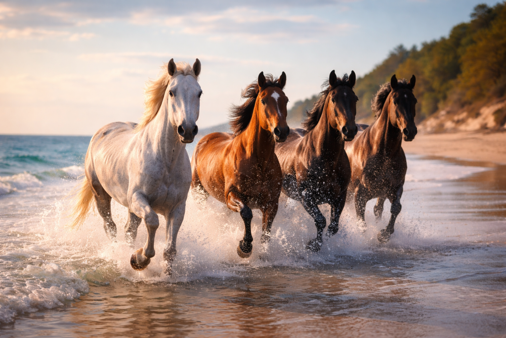 Four horses running through the shallow water on a beach during sunset.