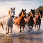 Four horses running through the shallow water on a beach during sunset.