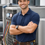 Smiling HVAC technician in blue uniform standing with arms crossed near air conditioning units