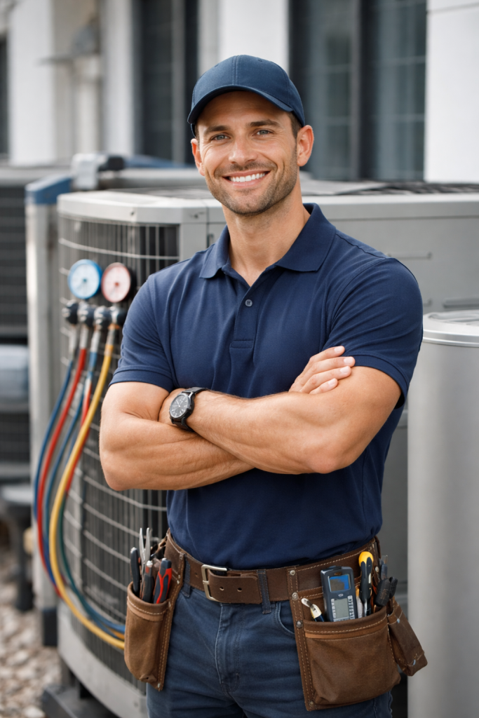Smiling HVAC technician in blue uniform standing with arms crossed near air conditioning units