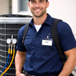 Smiling HVAC technician in navy uniform and cap standing next to air conditioning unit